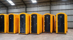 Fila de cabinas de baños químicos amarillos almacenados en bodega para arriendo comercial e industrial.